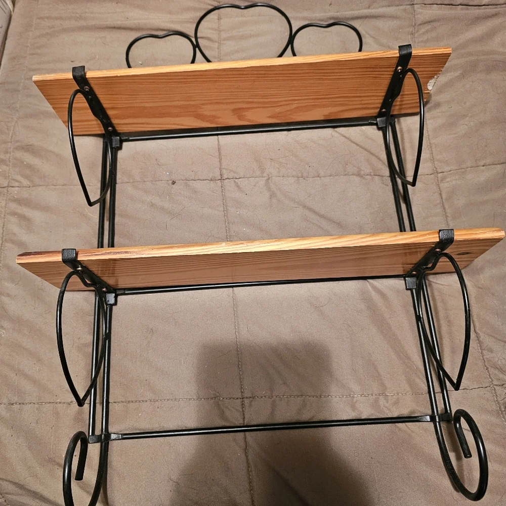 2 tier wrought iron and wooden shelf